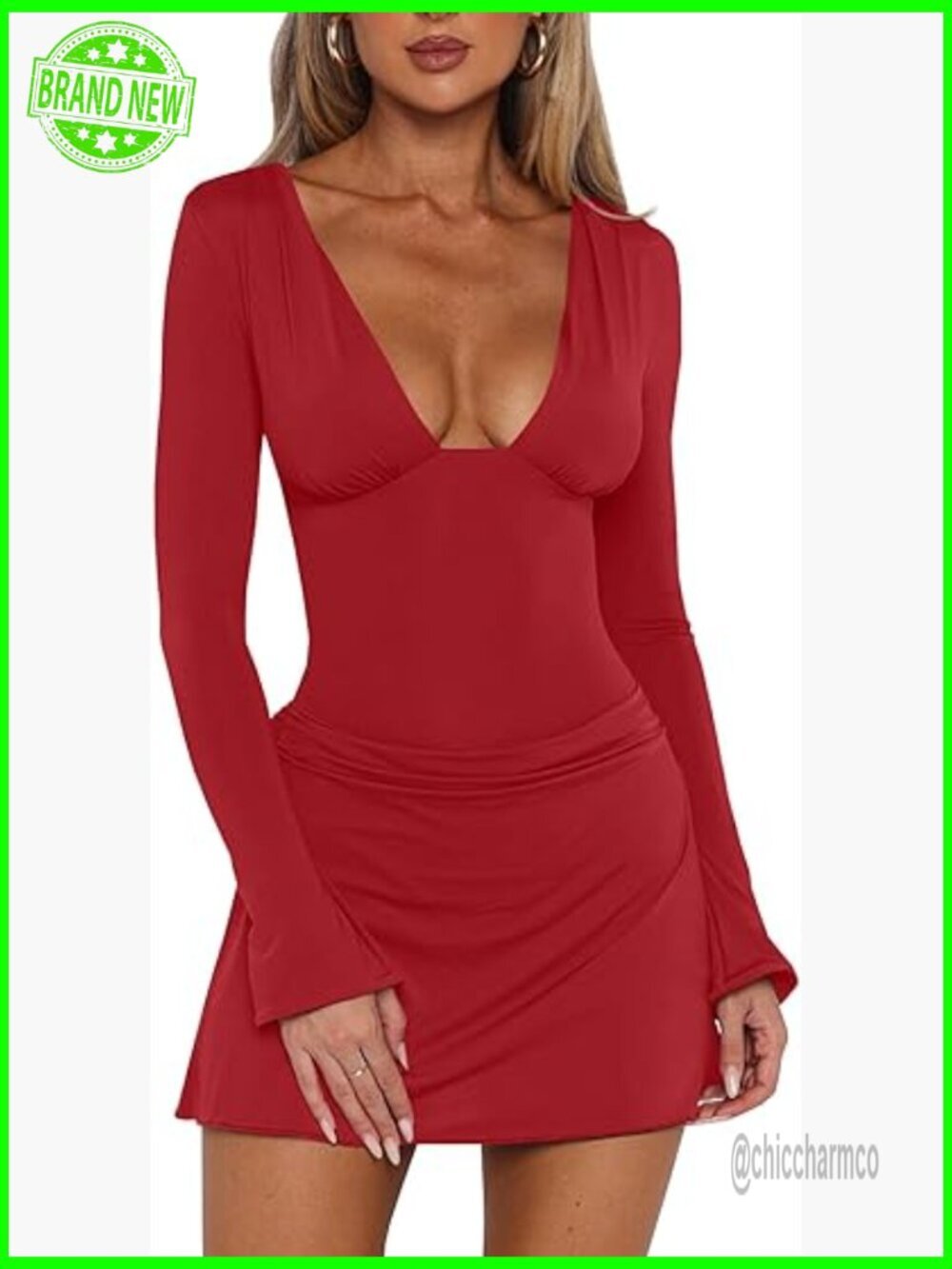 V Neck Long Sleeve Mini Dress Ruched Waist A Line Club Party Short Dress